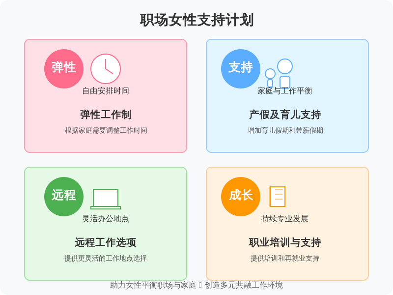 ['推行弹性工作制', '提供产假及育儿支持', '远程工作选项', '职业培训与支持']