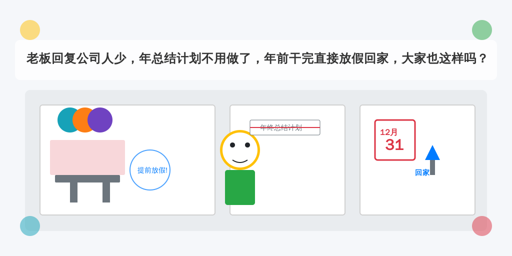 老板回复公司人少，年总结计划不用做了，年前干完直接放假回家，大家也这样吗？