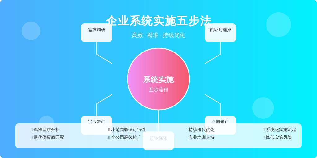 ['需求调研', '供应商选择', '试点运行', '全面推广', '持续优化']