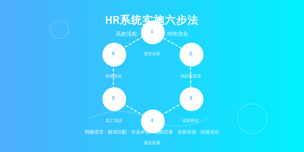 ['需求分析', '供应商筛选', '试用与评估', '系统部署', '员工培训', '持续优化']