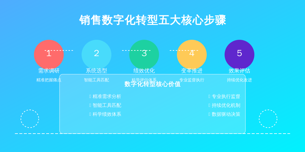 ['需求调研', '系统选型与试点', '绩效体系优化', '变革推进与监督', '效果评估与持续改进']