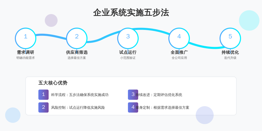 ['需求调研', '供应商筛选', '试点运行', '全面推广', '持续优化']
