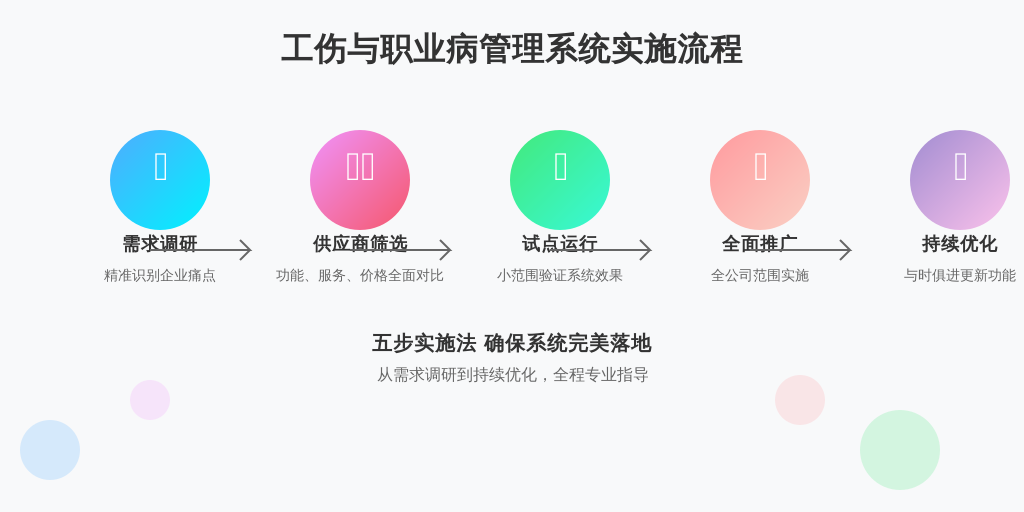 ['需求调研', '供应商筛选', '试点运行', '全面推广', '持续优化']