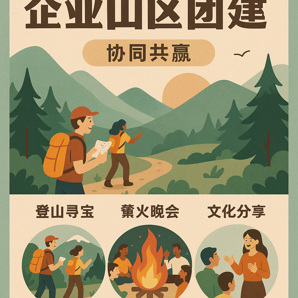 企业将旅游地点选择在某山区（符合“协同共赢”的价值观），设计了“登山寻宝”“篝火晚会”“文化分享”三个环节：