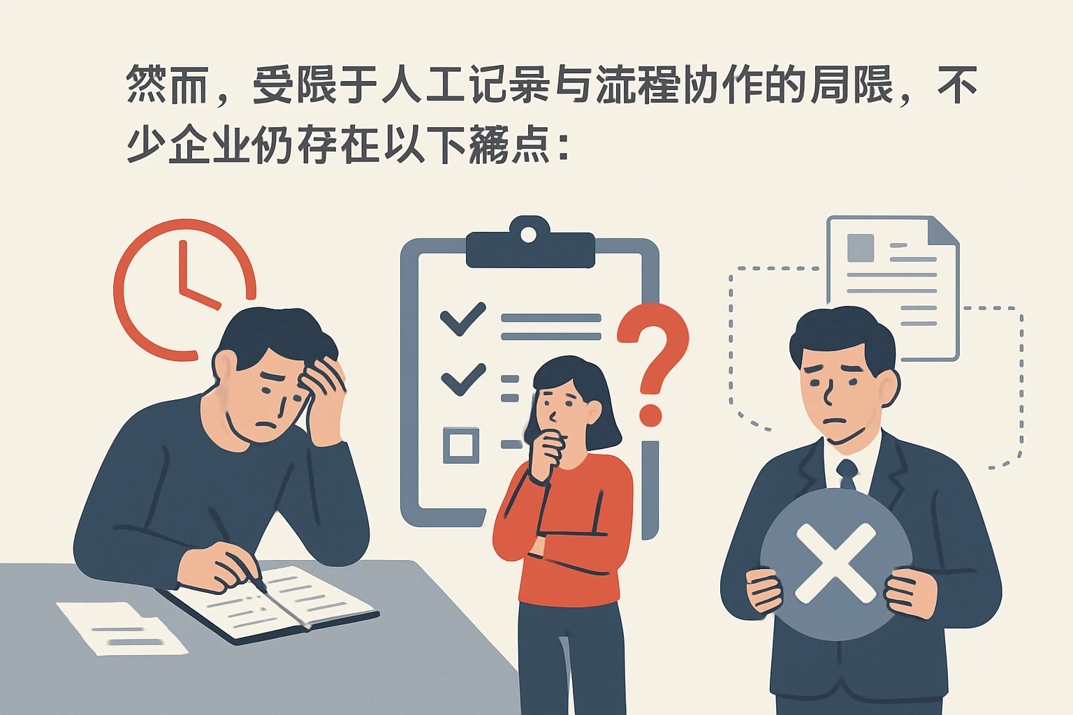 然而，受限于人工记录与流程协作的局限，不少企业仍存在以下痛点：