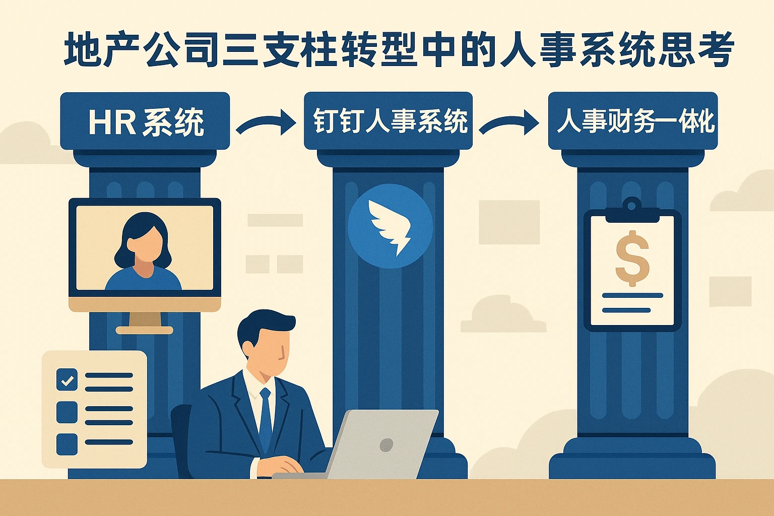 地产公司三支柱转型中的人事系统思考——HR系统、钉钉人事系统与人事财务一体化的关键作用