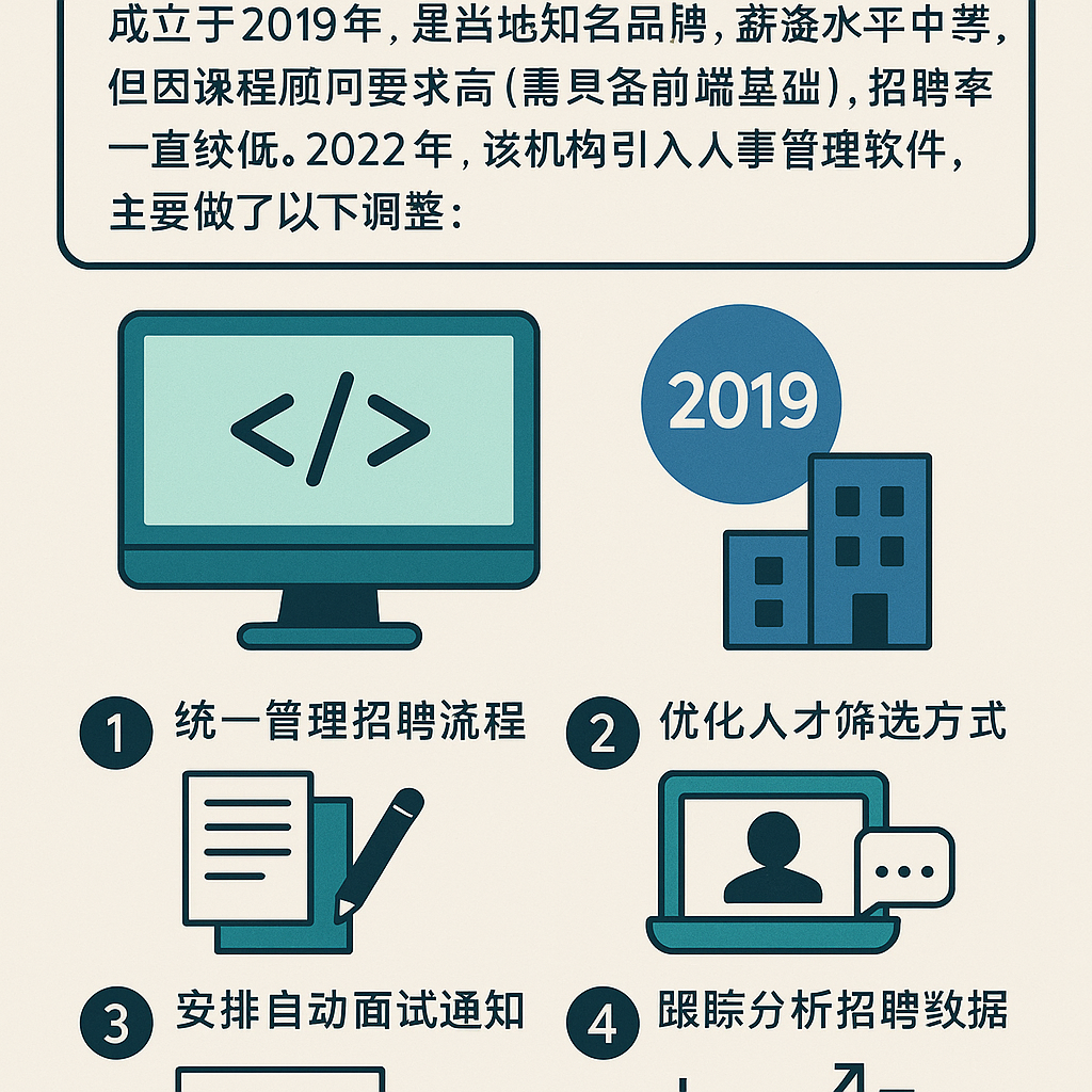 某成人教育机构（专注于前端开发培训）成立于2019年，是当地知名品牌，薪资水平中等，但因课程顾问要求高（需具备前端基础），招聘效率一直较低。2022年，该机构引入人事管理软件，主要做了以下调整：