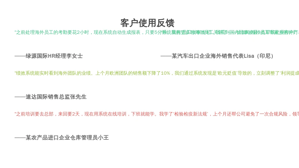 ['绿源国际HR经理李女士', '速达国际销售总监张先生', '某农产品进口企业仓库管理员小王', '某汽车出口企业海外销售代表Lisa（印尼）']