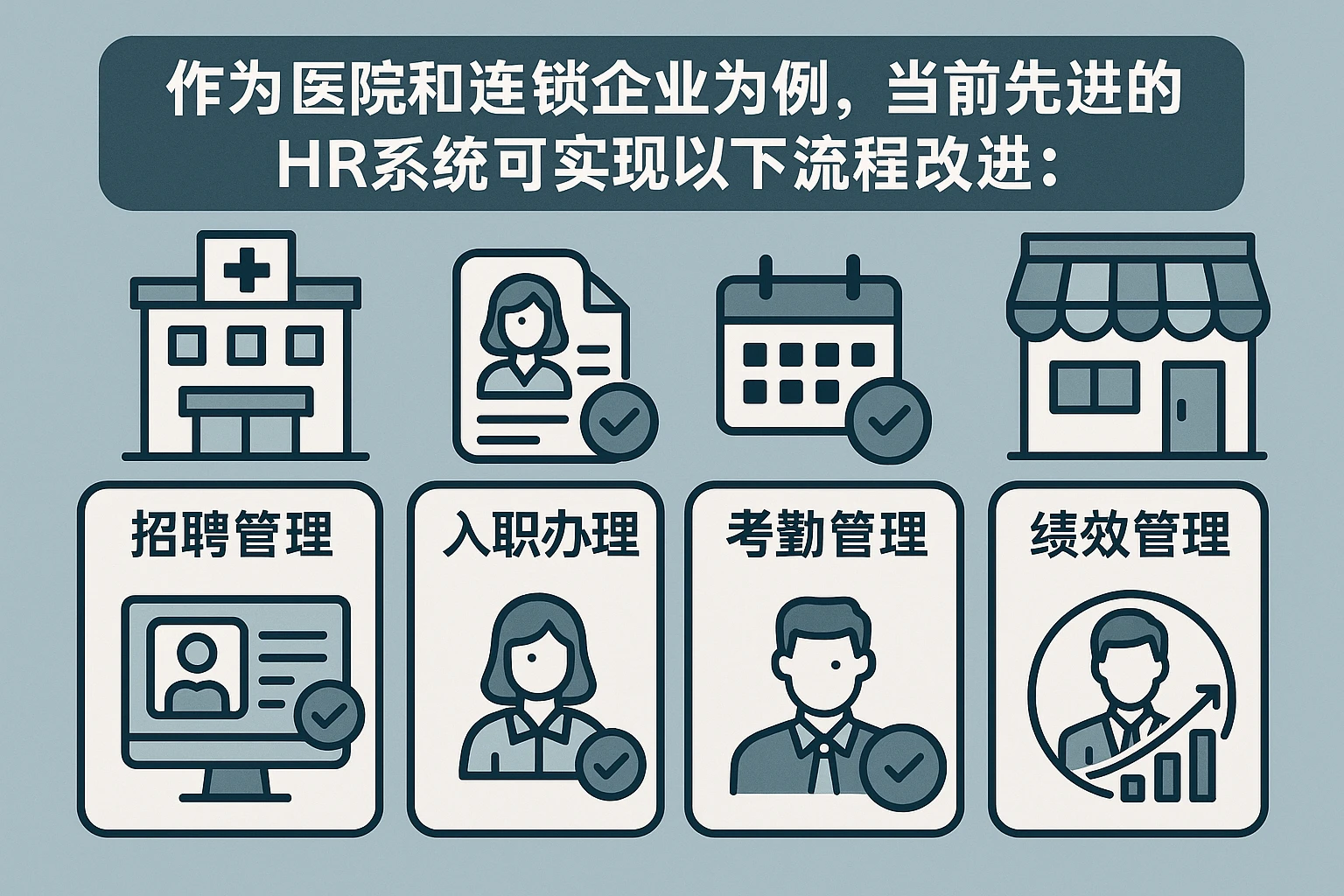 以医院和连锁企业为例，当前先进的HR系统可实现以下流程改进：