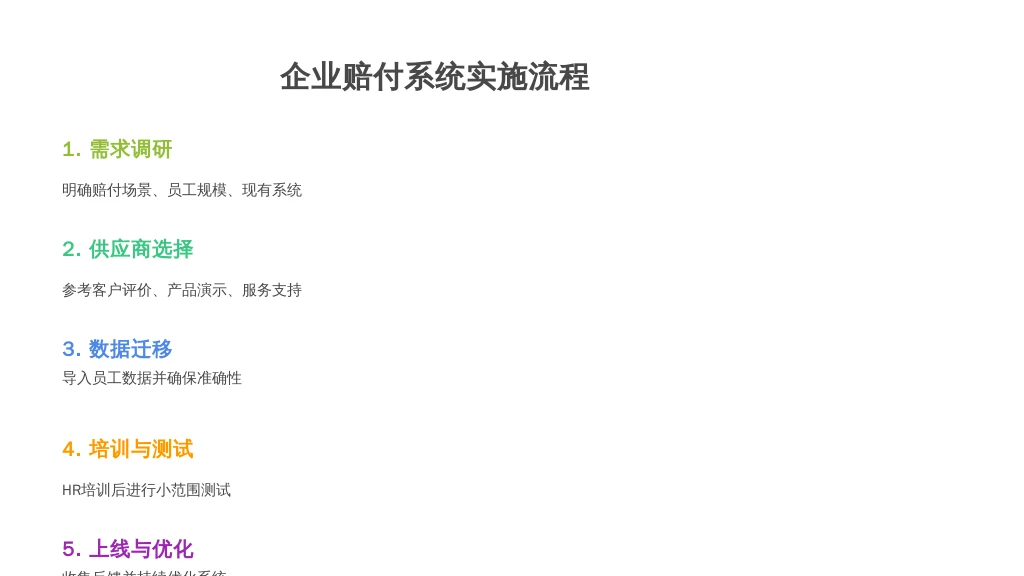 ['需求调研', '供应商选择', '数据迁移', '培训与测试', '上线与优化']