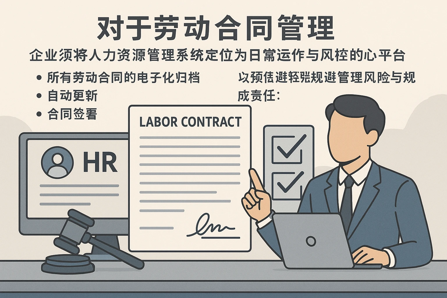 对于劳动合同管理，企业须将人力资源管理系统定位为日常运作与风控的核心平台，将所有劳动合同的电子化归档、自动更新、合同签署等流程全面融入数字化运作。推荐以下措施以规避管理风险与合规责任：