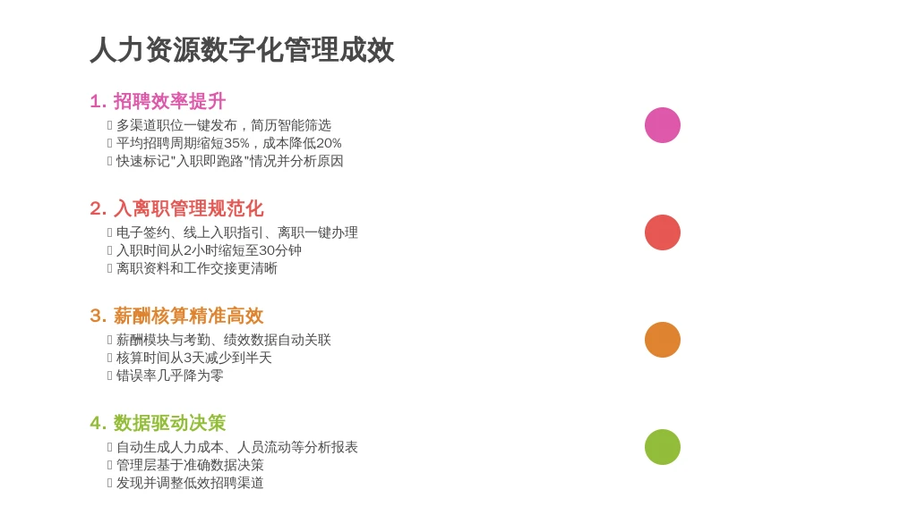 ['招聘效率提升', '入离职管理规范化', '薪酬核算精准高效', '数据驱动决策']