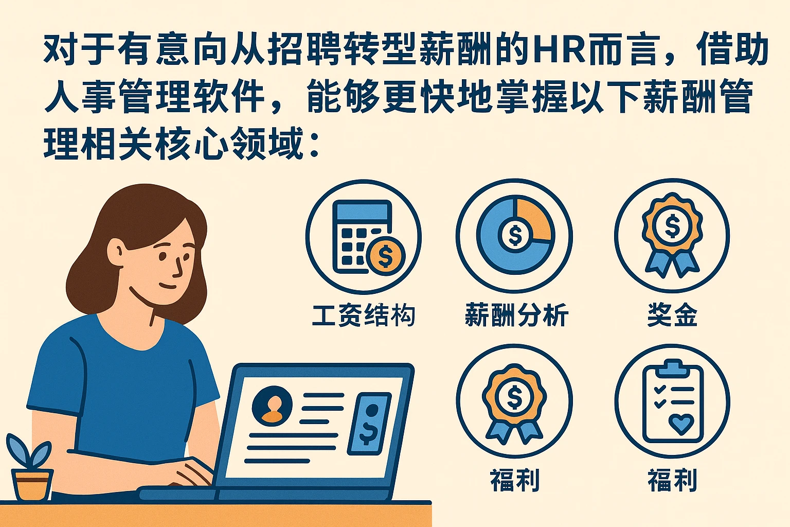 对于有意向从招聘转型薪酬的HR而言，借助人事管理软件，能够更快地掌握以下薪酬管理相关核心领域：