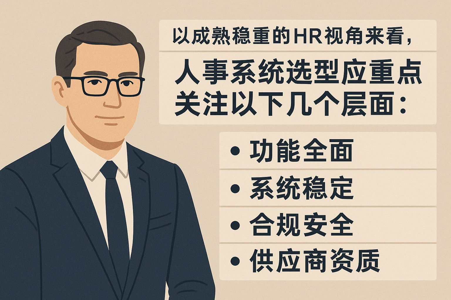 以成熟稳重的HR视角来看，人事系统选型应重点关注以下几个层面：