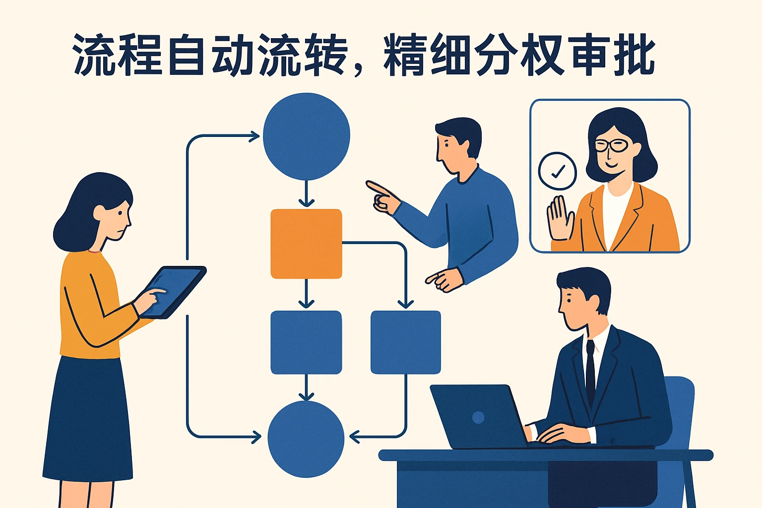 流程自动流转，精细分权审批