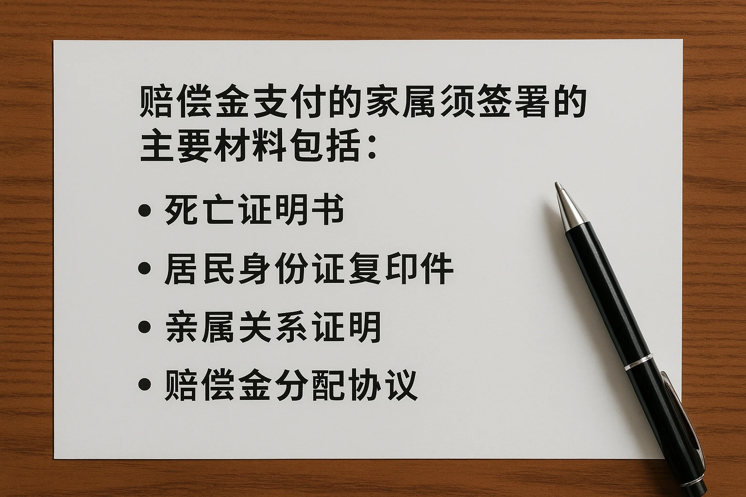 赔偿金支付的家属须签署的主要材料包括：