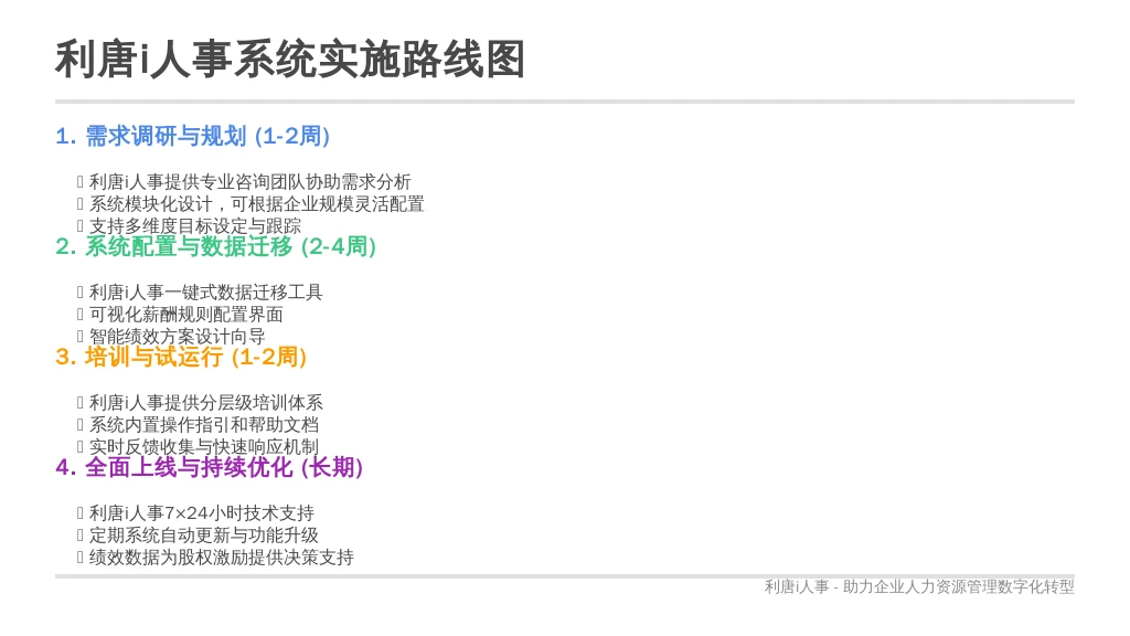 ['需求调研与规划 (1-2周)', '系统配置与数据迁移 (2-4周)', '培训与试运行 (1-2周)', '全面上线与持续优化 (长期)']