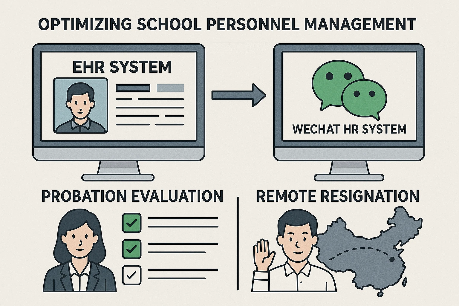 利用EHR系统与微信人事系统优化学校人事管理系统：解决员工试用期考核和异地离职难题