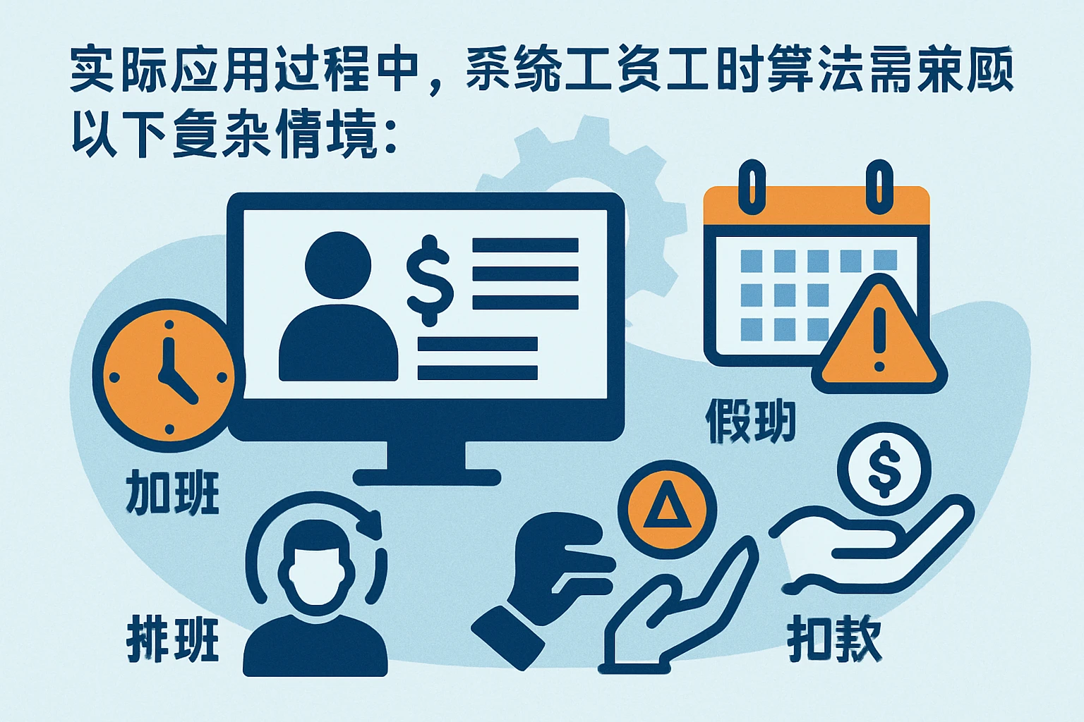 实际应用过程中，系统工资工时算法需兼顾以下复杂情境：