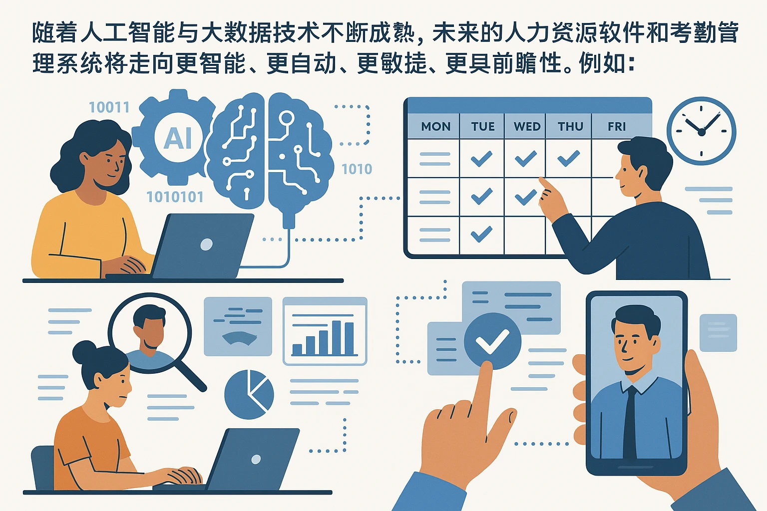 随着人工智能与大数据技术不断成熟,未来的人力资源软件和考勤管理系统将走向更智能、更自动、更敏捷、更具前瞻性。例如: