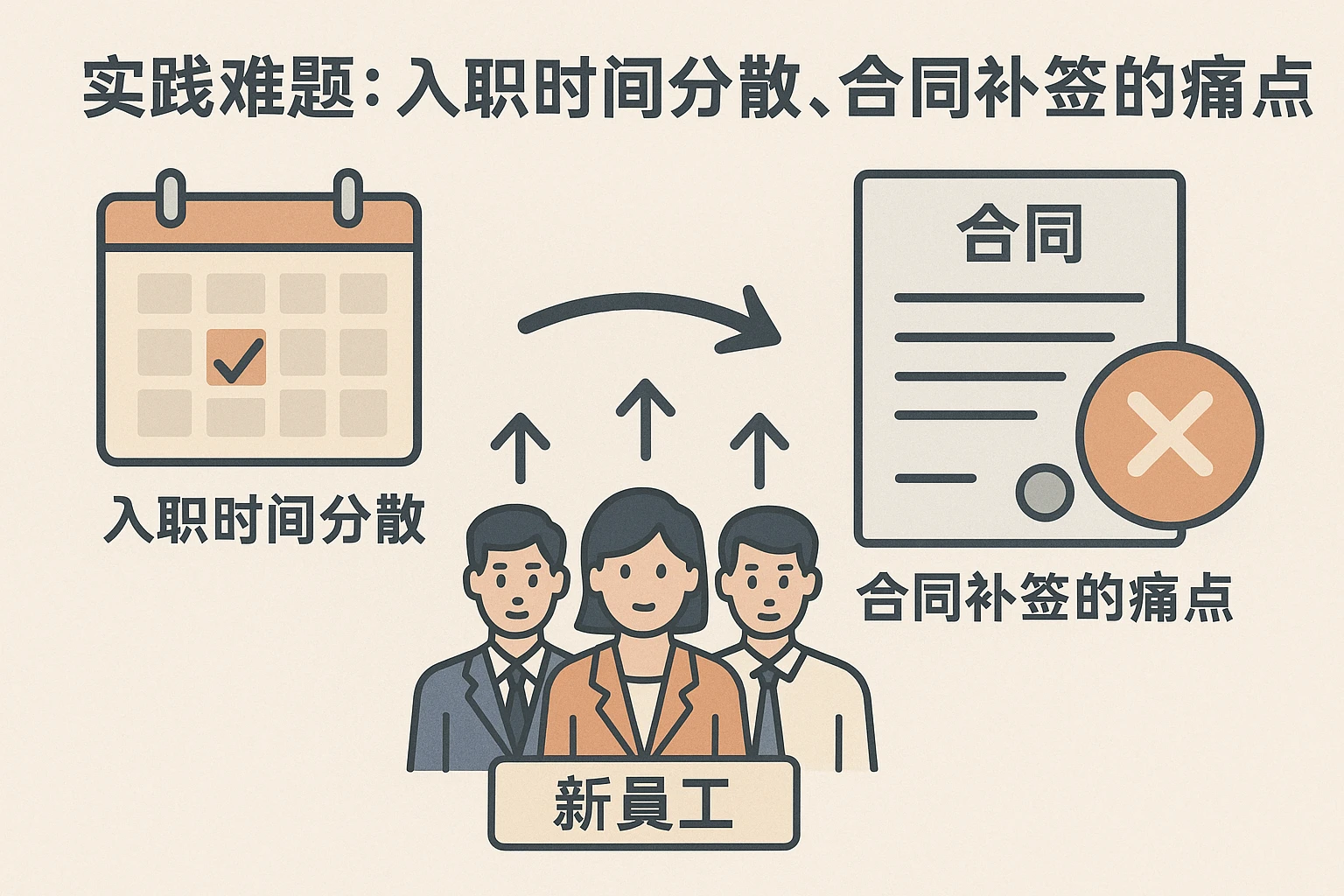 实践难题：入职时间分散、合同补签的痛点
