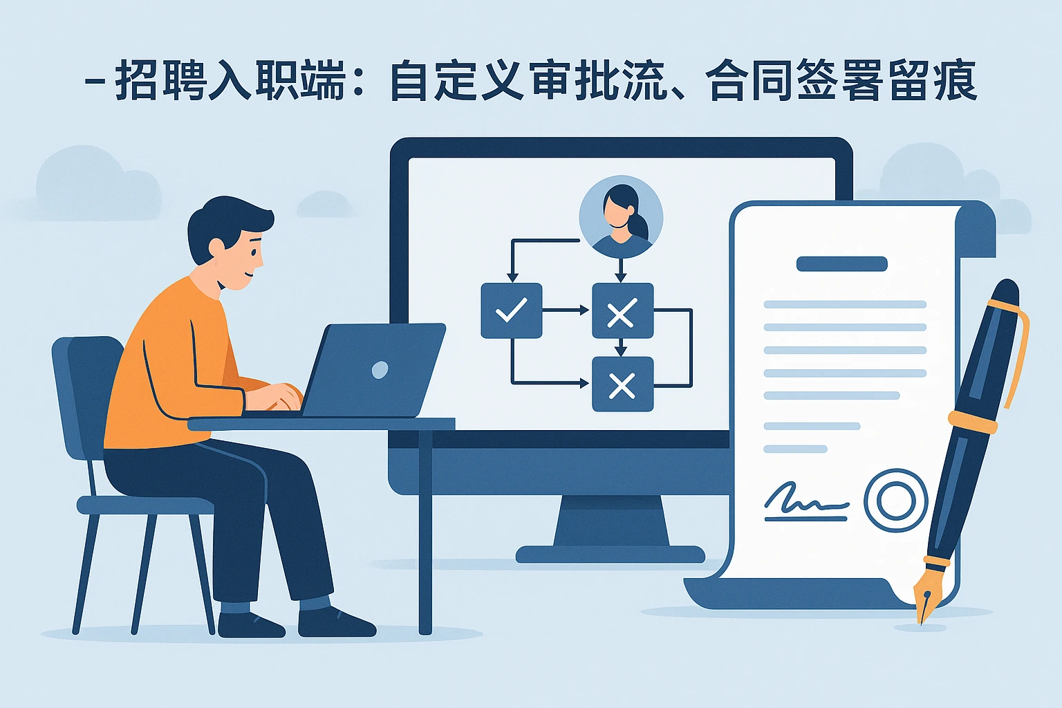- 招聘入职端：自定义审批流、合同签署留痕。