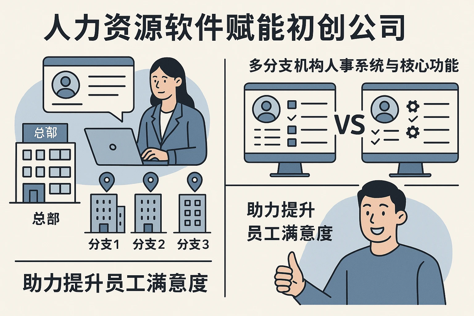 人力资源软件赋能初创公司:多分支机构人事系统与核心功能对比,助力提升员工满意度