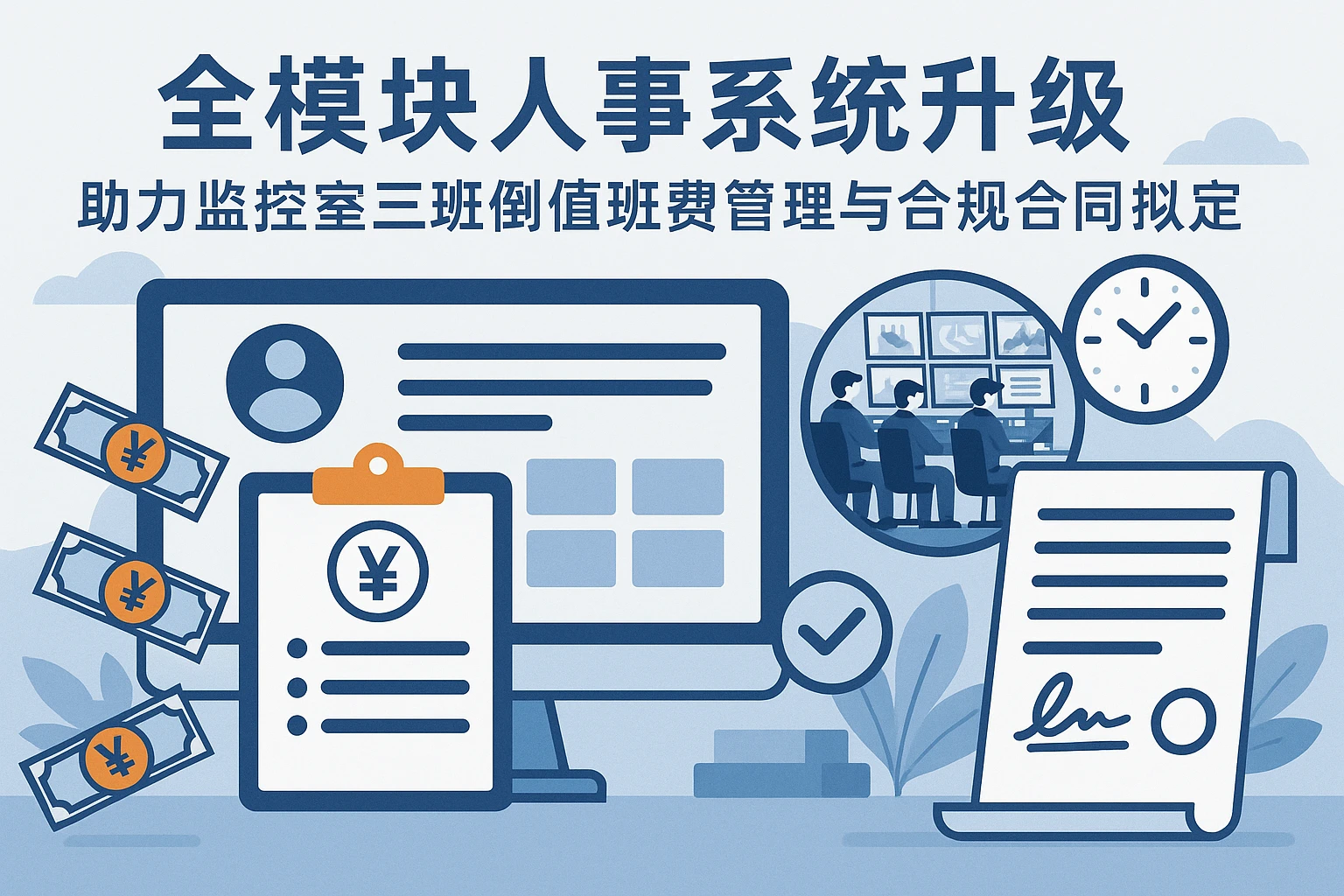 全模块人事系统升级：助力监控室三班倒值班费管理与合规合同拟定