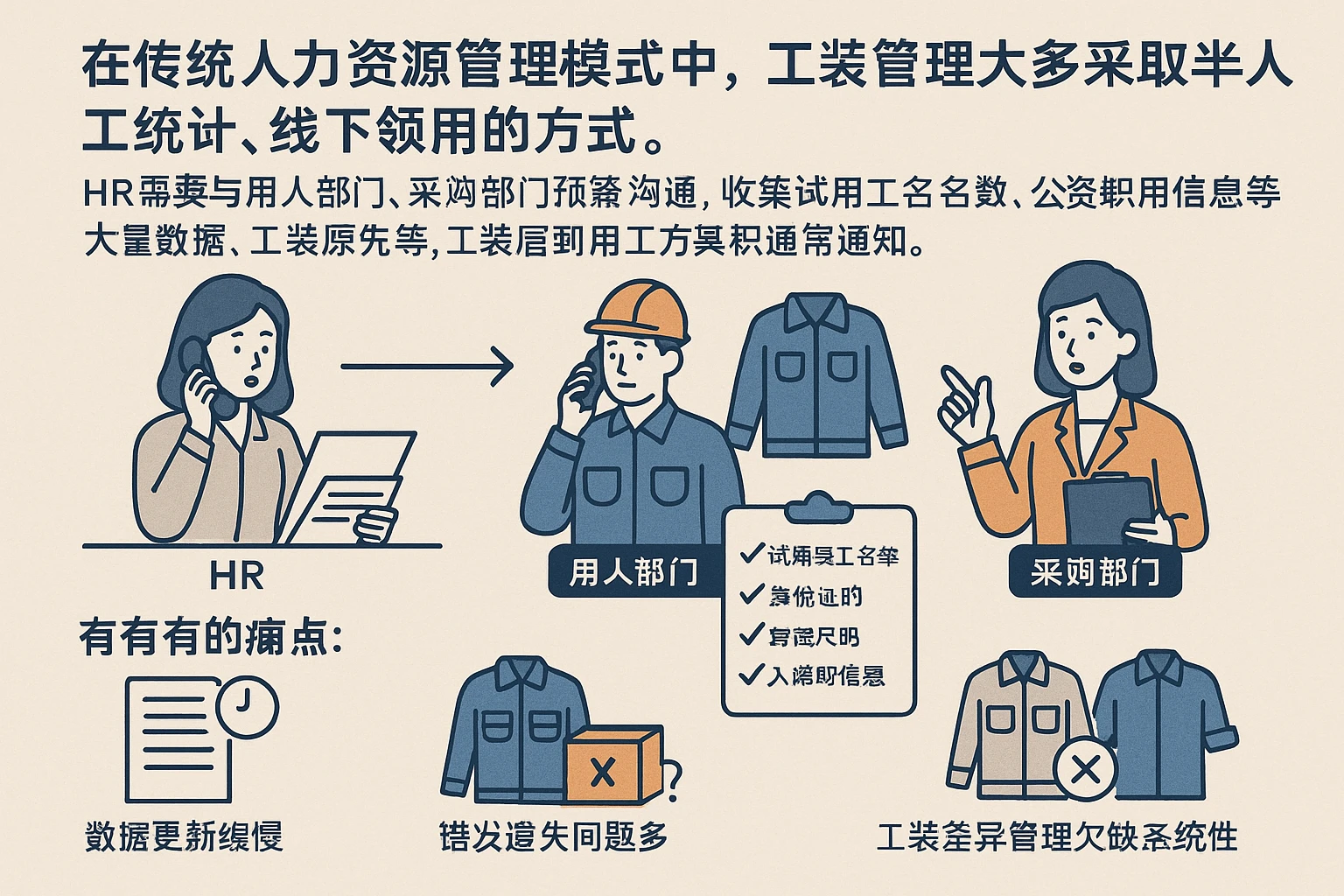 在传统人力资源管理模式中，工装管理大多采取半人工统计、线下领用的方式。HR需要与用人部门、采购部门频繁沟通，收集试用员工名单、身份证码、身高尺码、入离职信息等大量数据。人工管理模式下，不仅数据更新缓慢、错发遗失问题多，而且对试用期与正式期员工的工装差异管理欠缺系统性。一些常见的痛点包括：