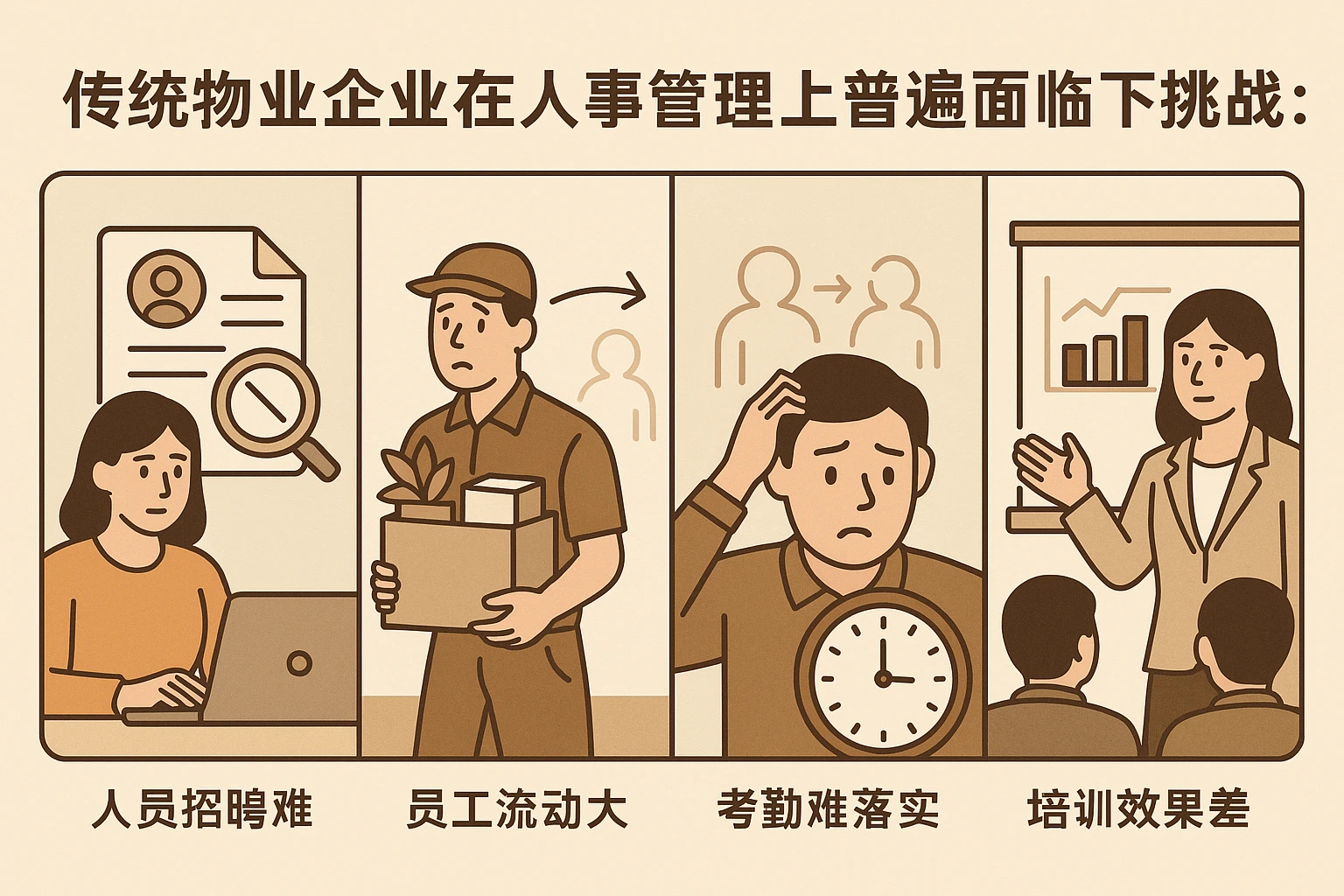 传统物业企业在人事管理上普遍面临以下挑战：
