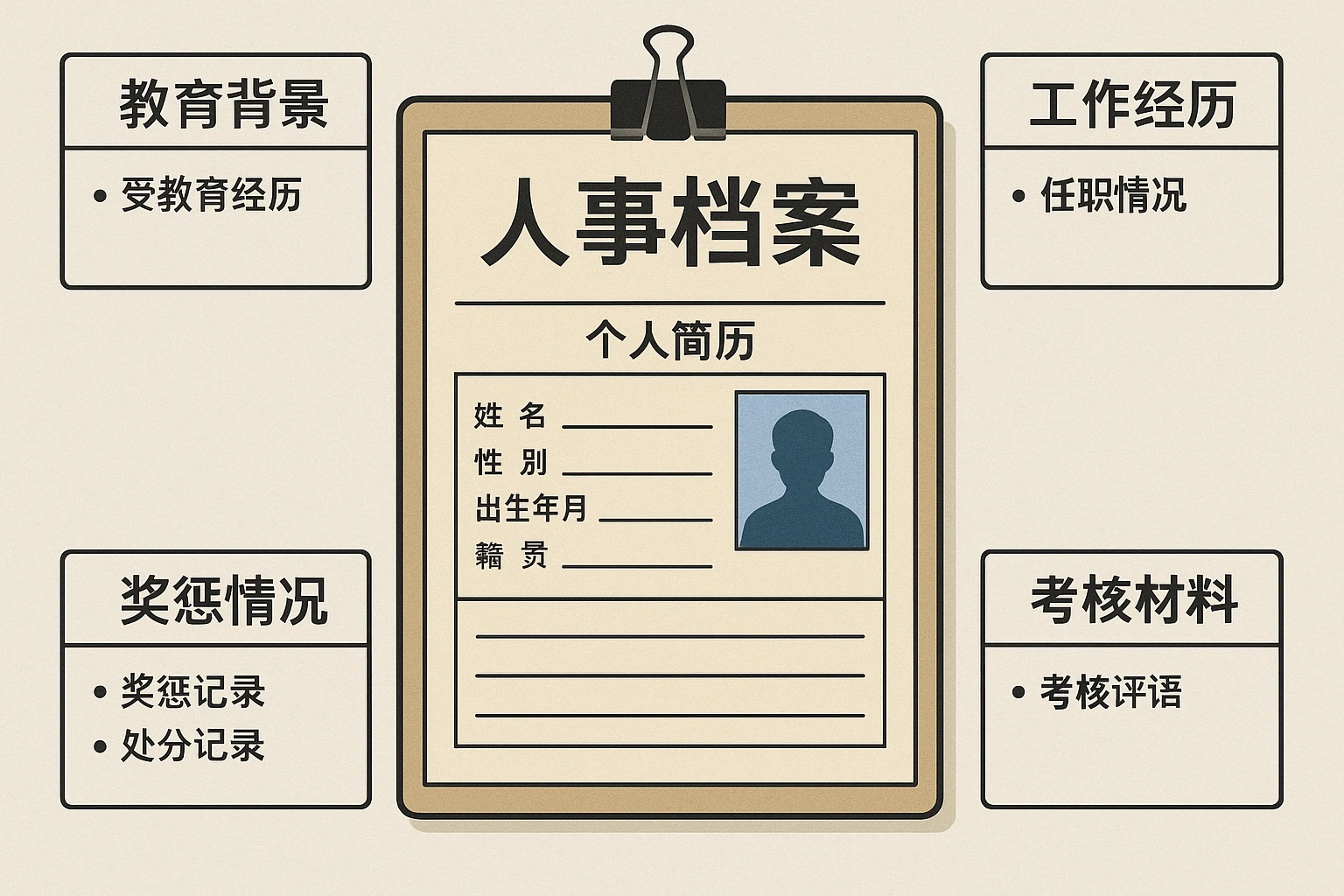 一套完整的人事档案，通常包含如下要素：