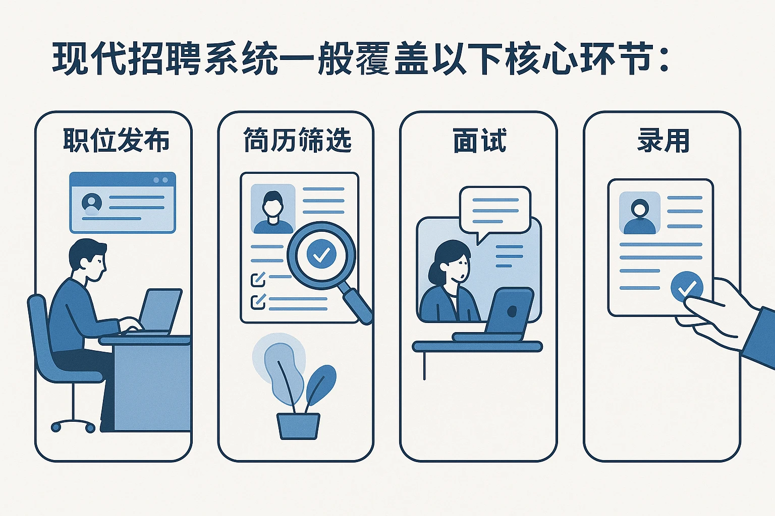 现代招聘系统一般覆盖以下核心环节：