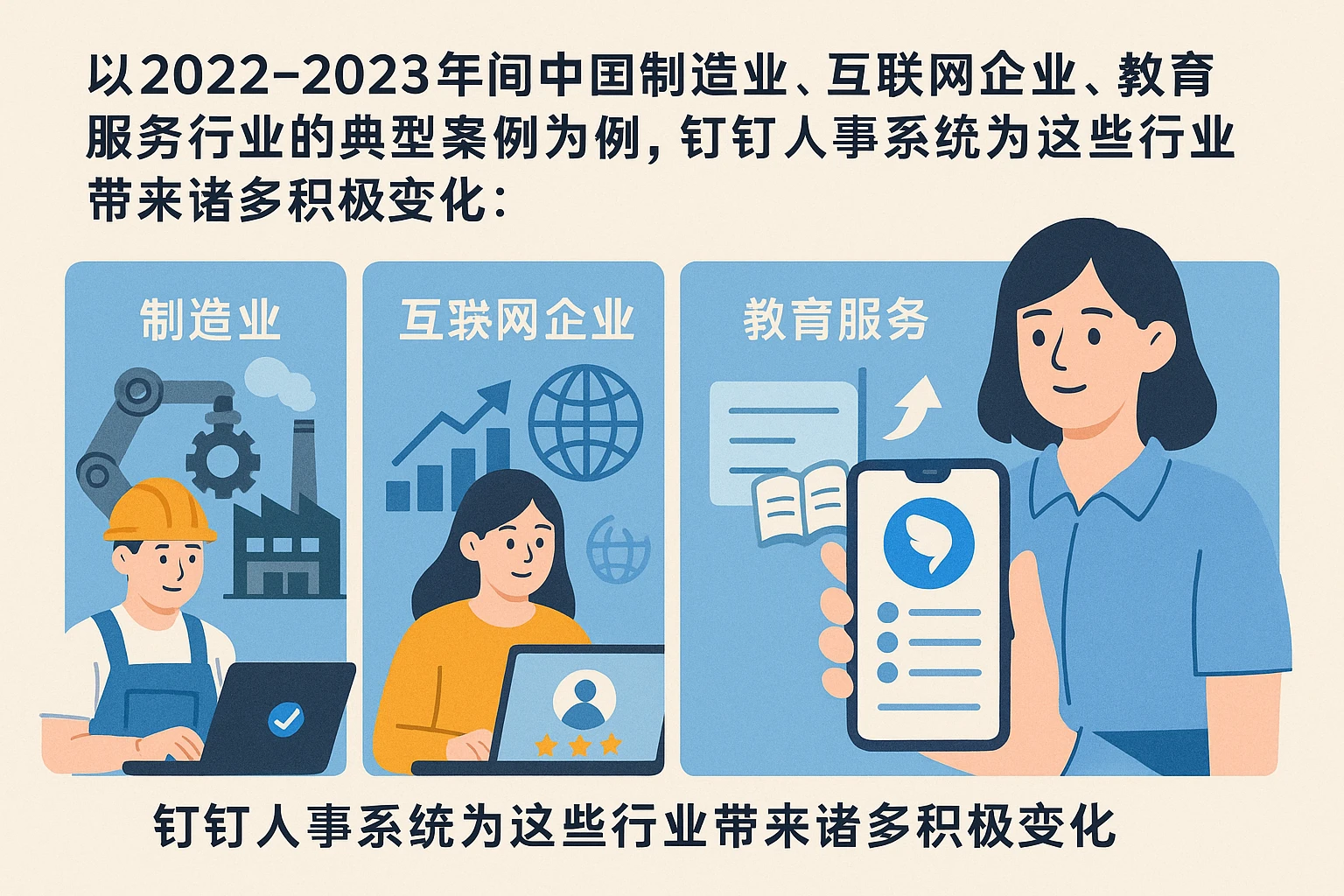 以2022-2023年间中国制造业、互联网企业、教育服务行业的典型案例为例，钉钉人事系统为这些行业带来诸多积极变化：