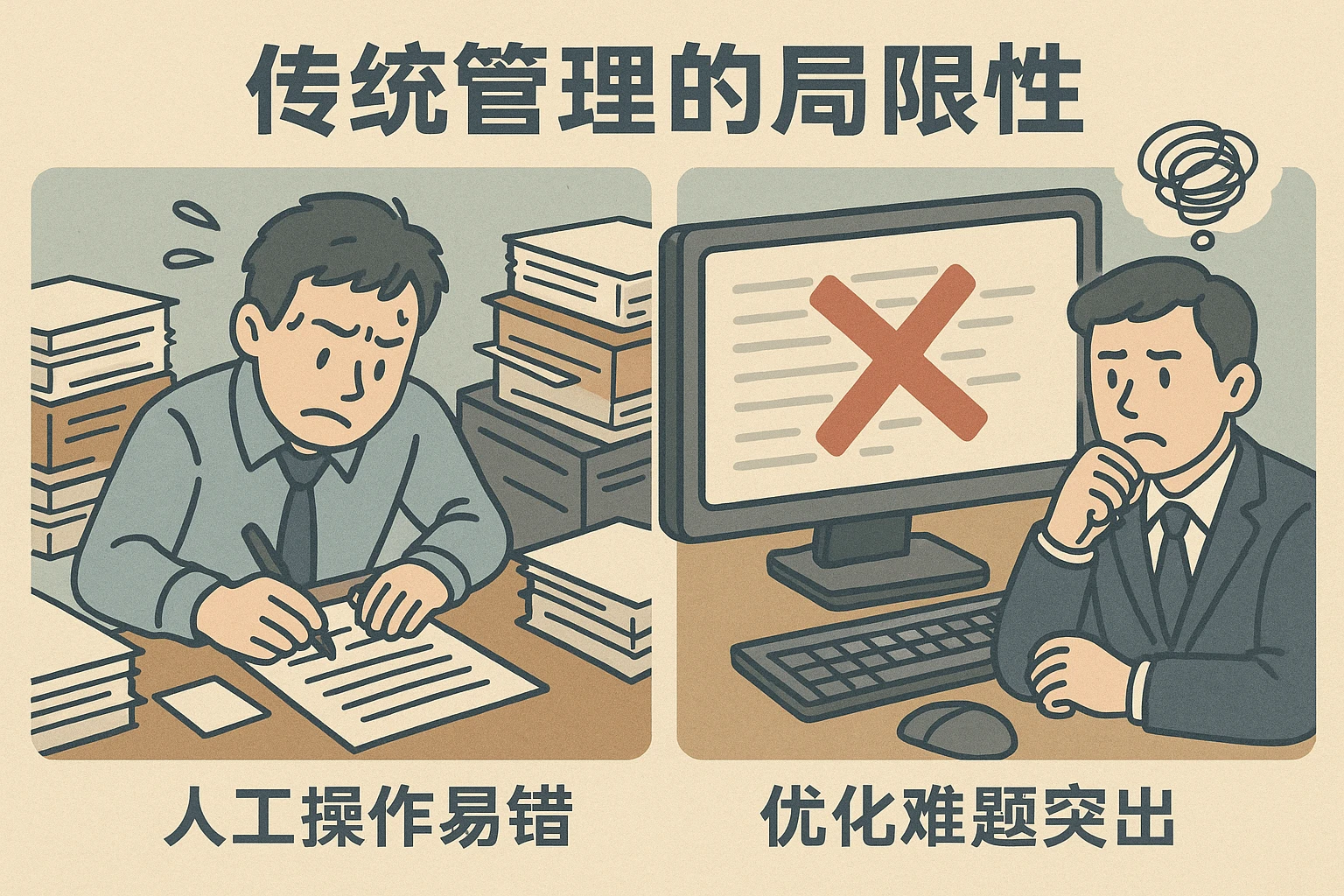 传统管理的局限性：人工操作易错，优化难题突出