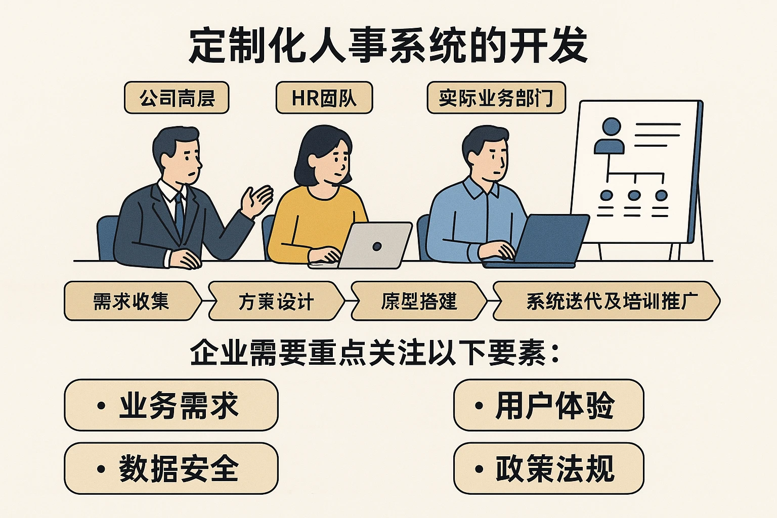 定制化人事系统的开发需要公司高层、HR团队、实际业务部门的多维深度参与。通常流程包括需求收集、方案设计、原型搭建、系统迭代、上线内测及培训推广等环节。企业需要重点关注以下要素：