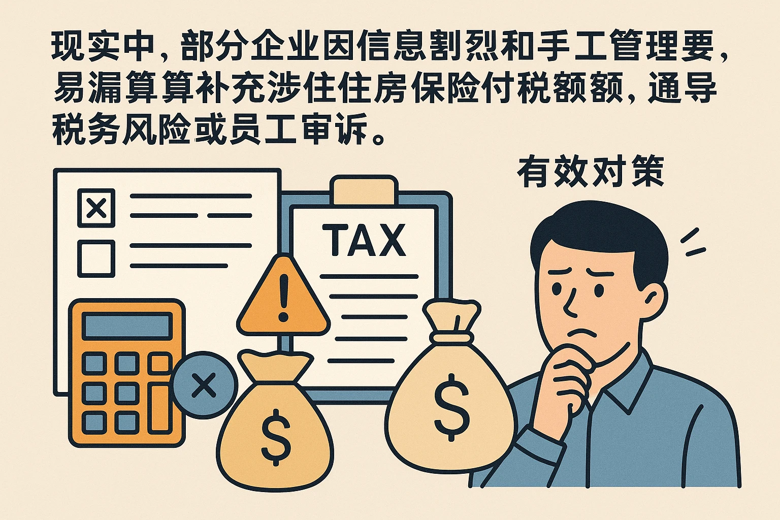现实中，部分企业因信息割裂和手工管理等原因，易漏算、错算补充住房公积金计税额，导致税务风险或员工申诉。有效对策包括：