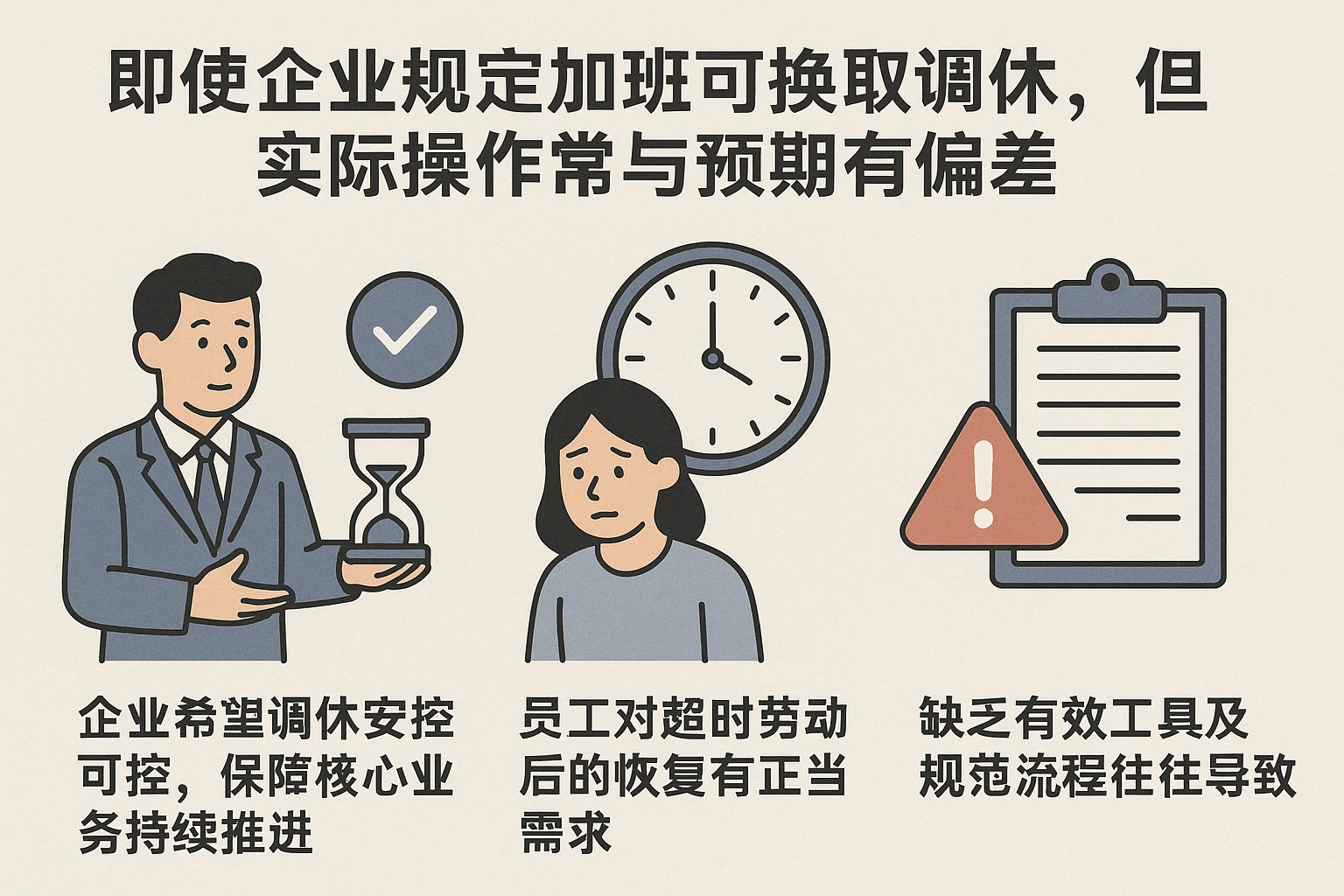 即使企业规定加班可换取调休，但实际操作常与预期有偏差。一方面，企业希望调休安排可控，保障核心业务持续推进；另一方面，员工对超时劳动后的恢复有正当需求。缺乏有效工具及规范流程往往导致：