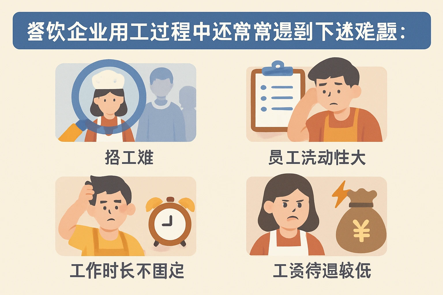 餐饮企业用工过程中还常常遇到下述难题：
