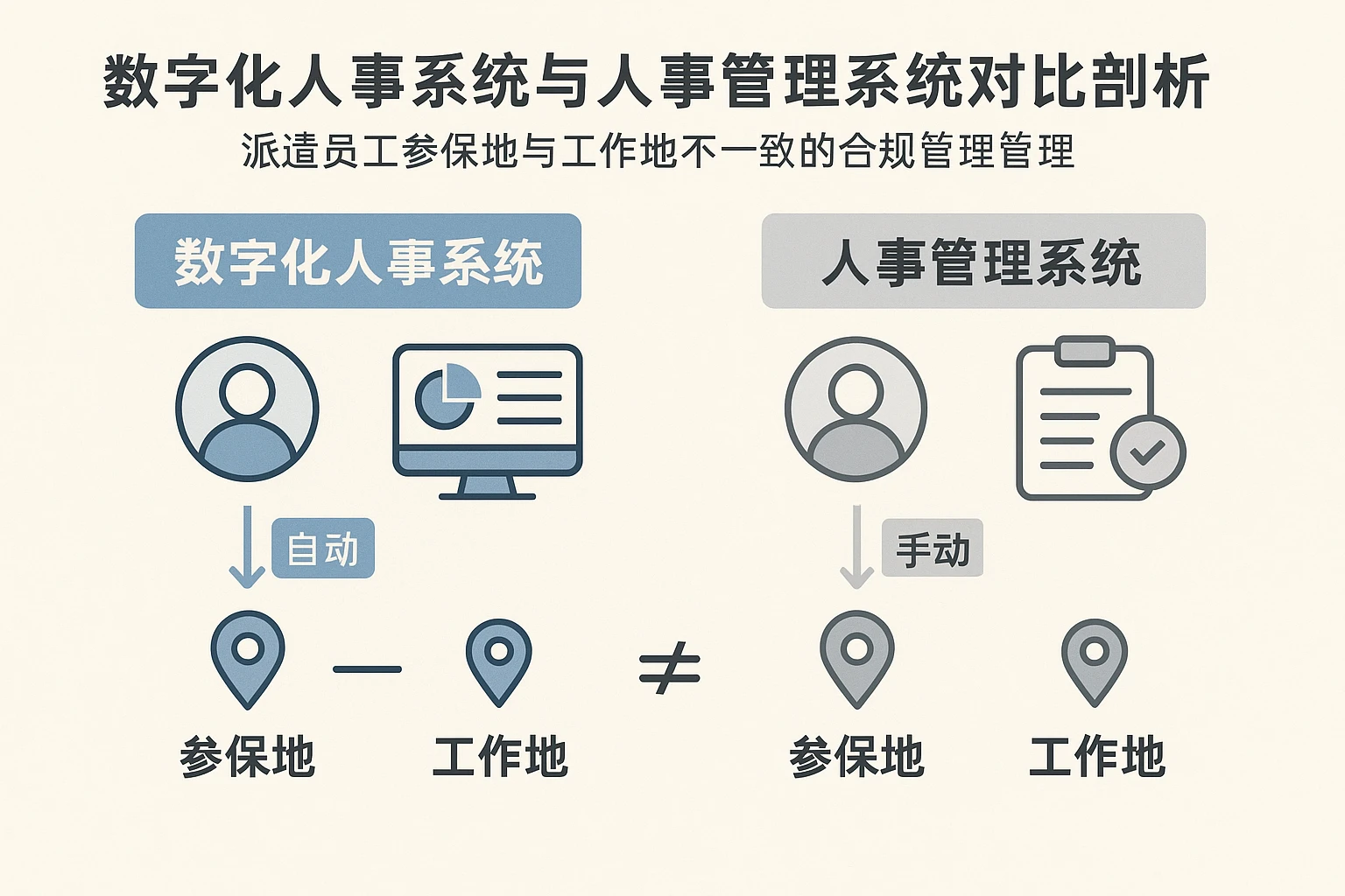 数字化人事系统与人事管理系统对比剖析——派遣员工参保地与工作地不一致的合规管理
