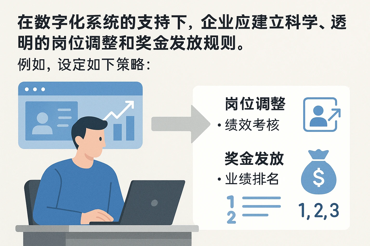 在数字化系统的支持下，企业应建立科学、透明的岗位调整和奖金发放规则。例如，设定如下策略：