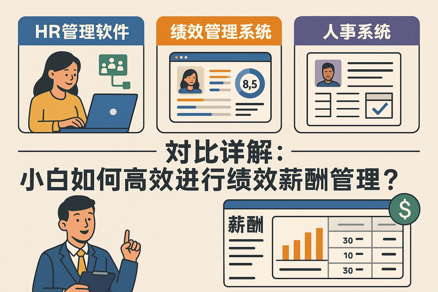HR管理软件、绩效管理系统与人事系统对比详解：小白如何高效进行绩效薪酬管理？