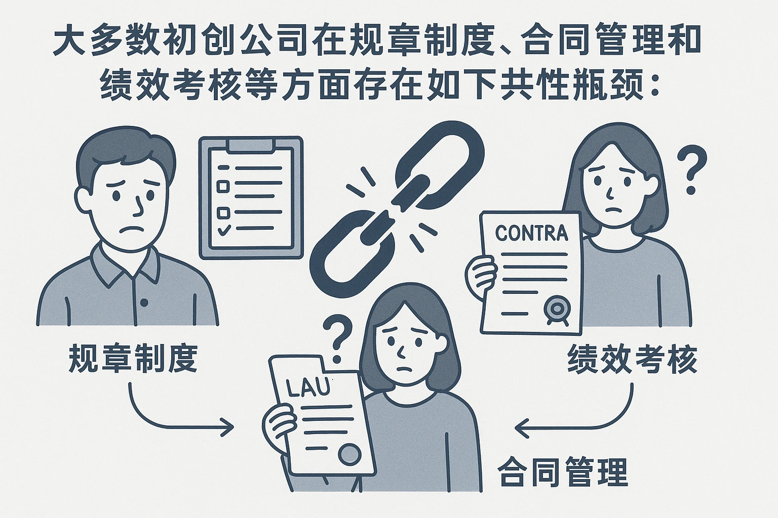 大多数初创公司在规章制度、合同管理和绩效考核等方面存在如下共性瓶颈：