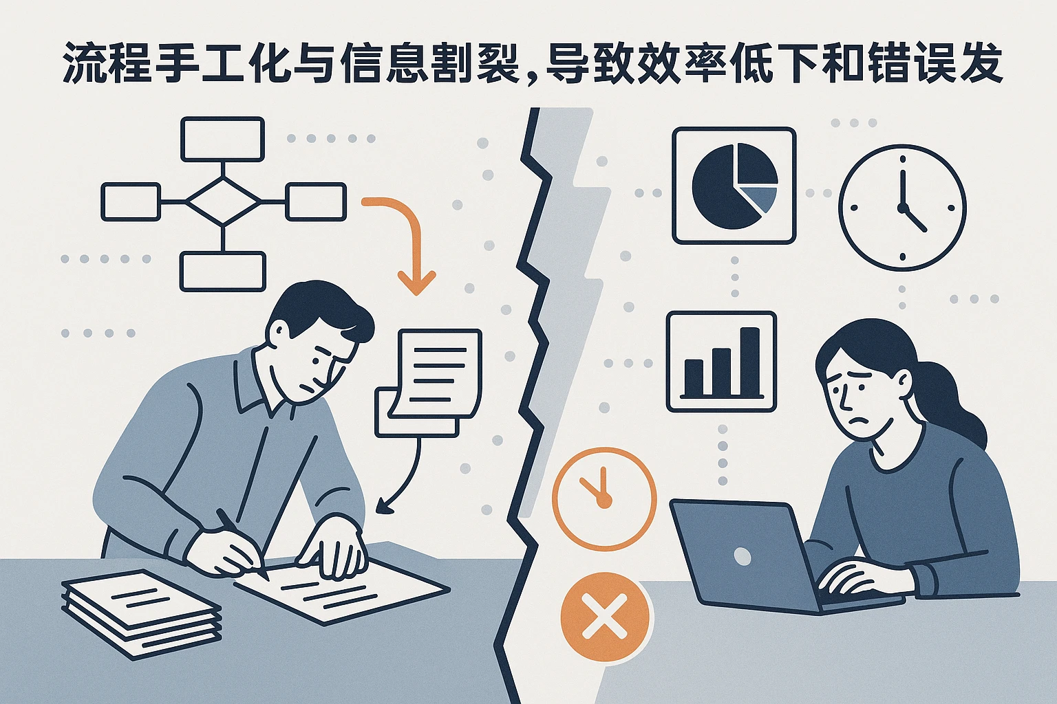 流程手工化与信息割裂，导致效率低下和错误频发