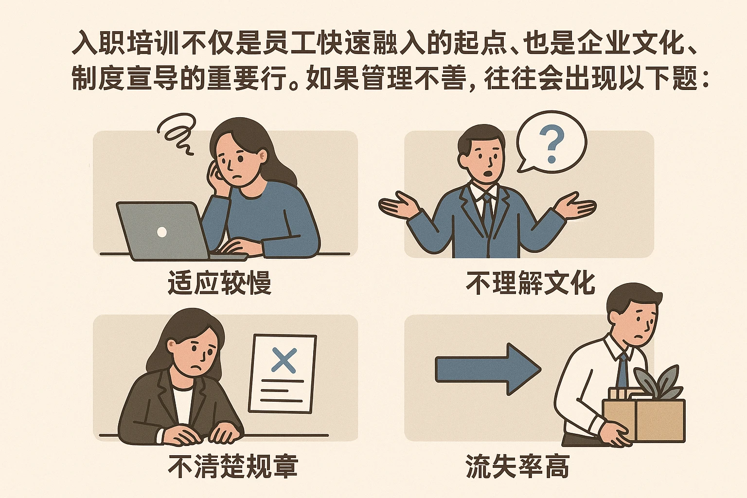 入职培训不仅是员工快速融入的起点，也是企业文化传递、制度宣导的重要环节。如果管理不善，往往会出现以下问题：