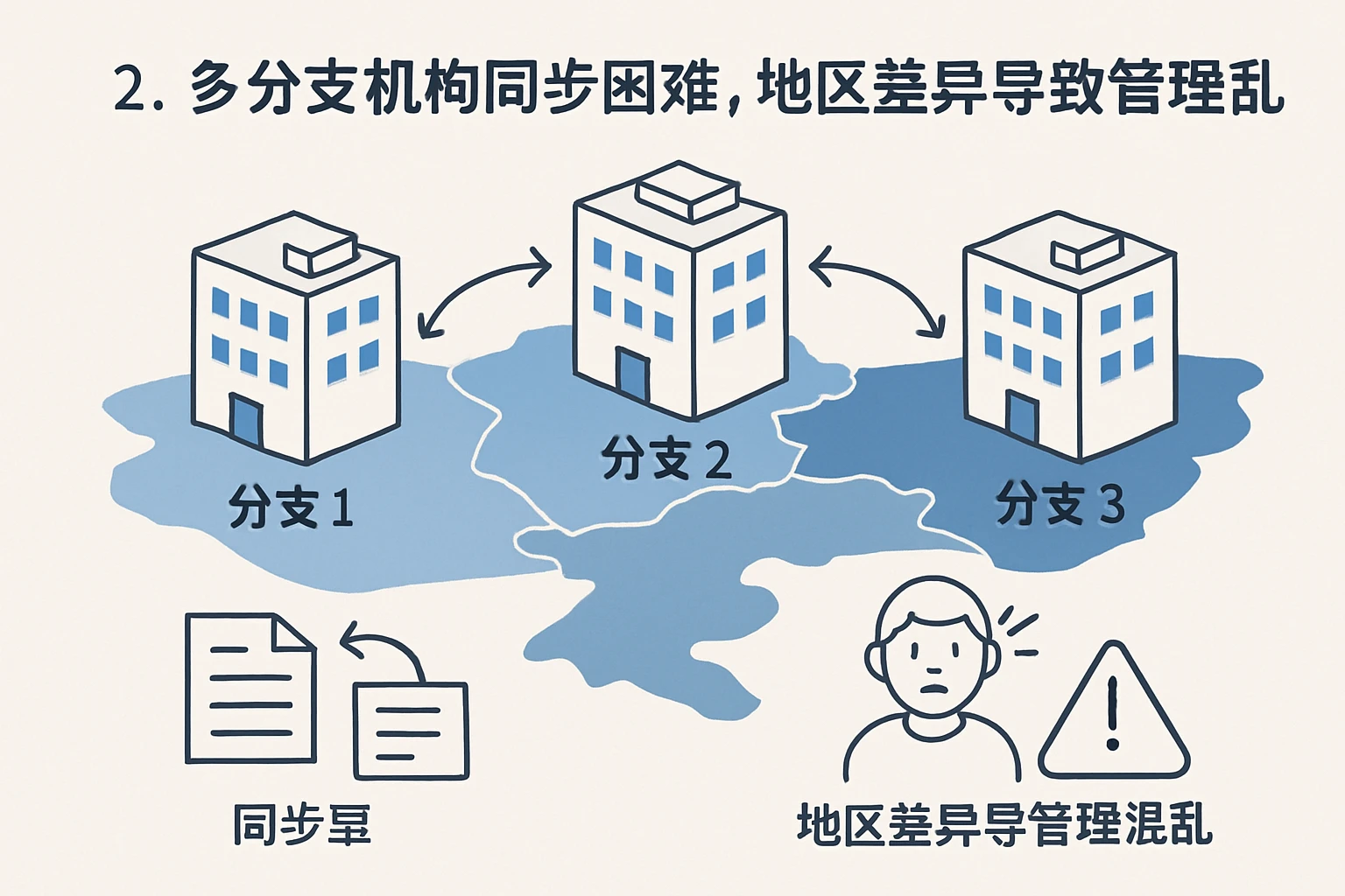 2. 多分支机构同步困难，地区差异导致管理混乱