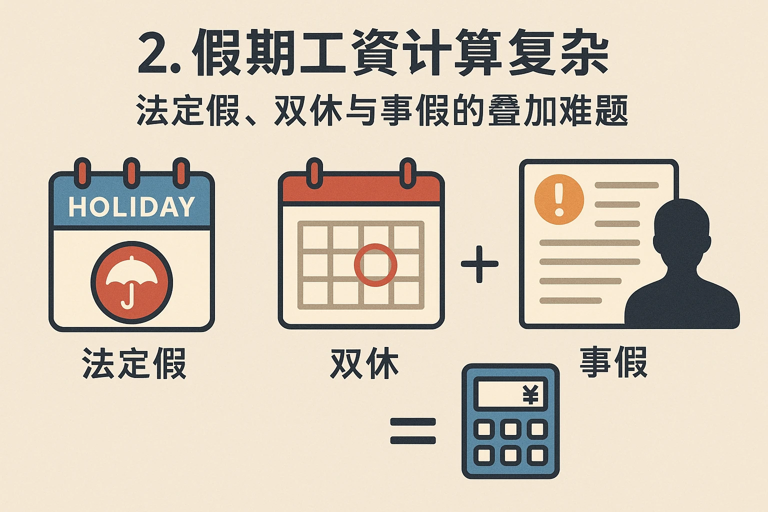 2. 假期工资计算复杂：法定假、双休与事假的叠加难题