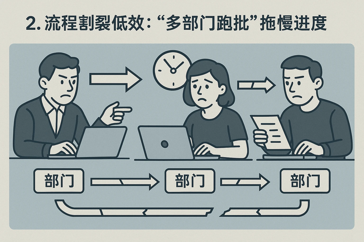 2. 流程割裂低效：“多部门跑批”拖慢进度