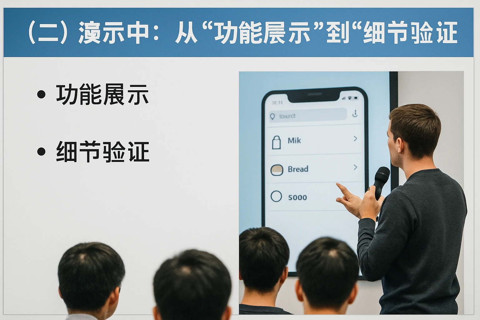 （二）演示中：从“功能展示”到“细节验证”