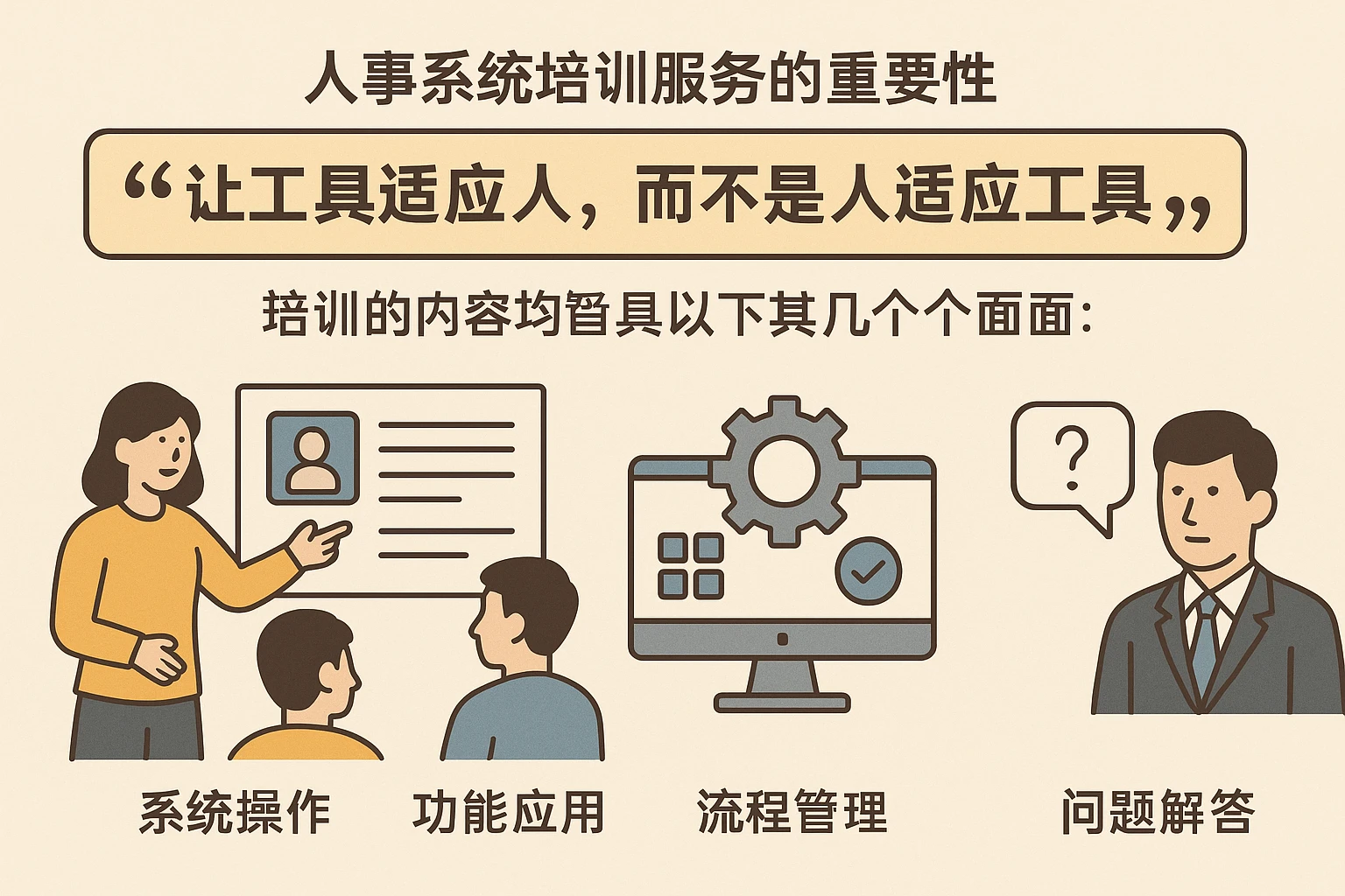 人事系统培训服务的重要性，就在于“让工具适应人，而不是人适应工具”。培训的内容通常包括以下几个方面：