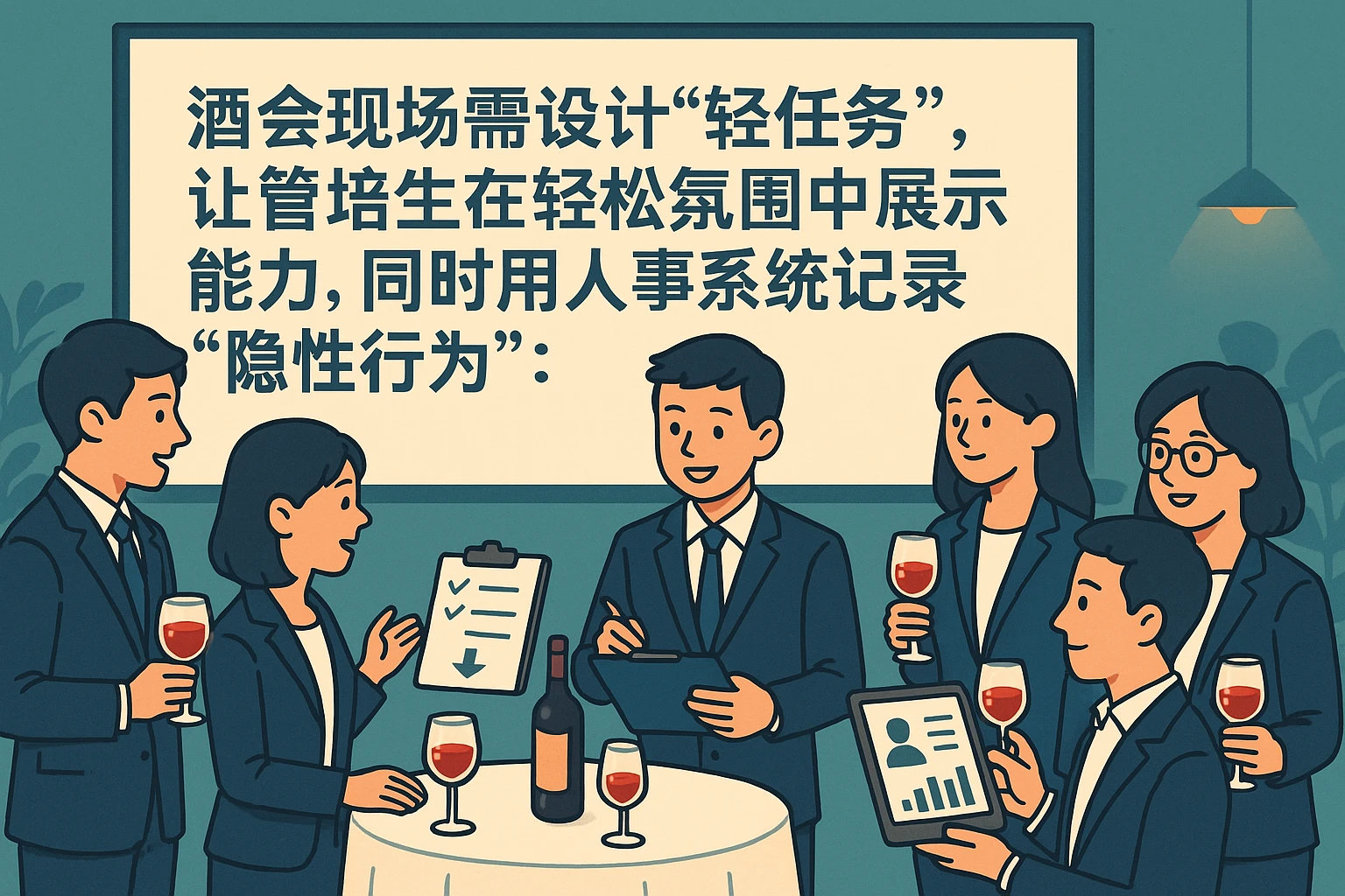 酒会现场需设计“轻任务”，让管培生在轻松氛围中展示能力，同时用人事系统记录“隐性行为”：